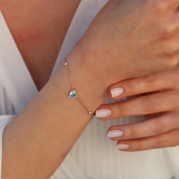 Aquamarin Taşlı Rose Gold Kaplama Sevgili Kalp Gümüş Bileklik - Resim 2