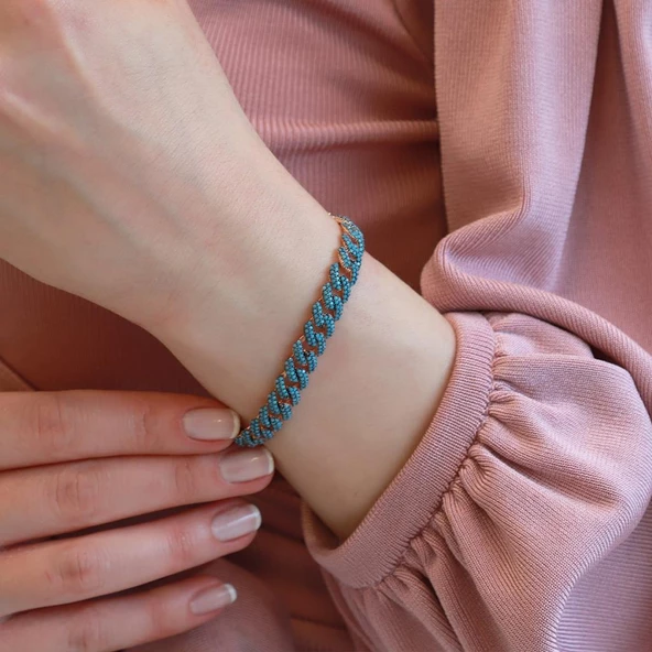 Turkuaz Taşlı Gurmet Model Gümüş Zincir Kadın Bileklik ürün görseli 1