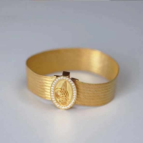 925 Ayar Gümüş Üzerine Gold Kaplama 9 Sıra Gümüş Trabzon Kelepçe - Resim 3