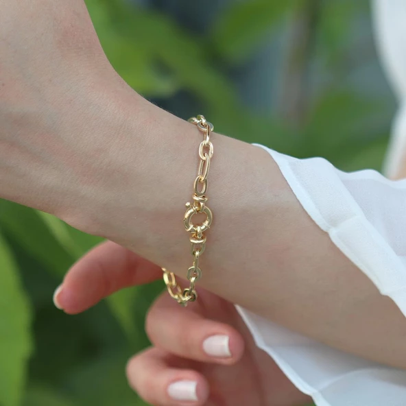 Trend Geçme Zincirli Gold Kaplama Hallow Bileklik ürün görseli 1