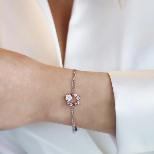 İnci ve Çiçek Motifli Gümüş Bileklik - Resim 5