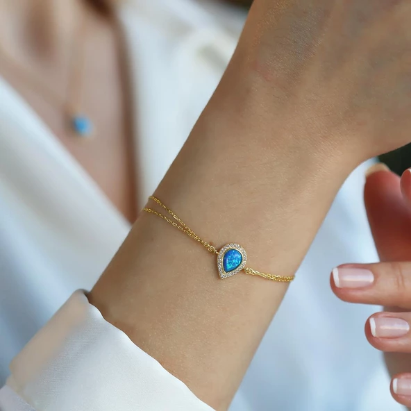 Opal Damla Taşlı Gold Kaplama Gümüş Bileklik ürün görseli 1