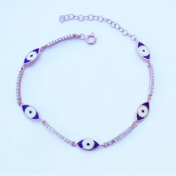 Zirkon Taşlı Lacivert Mine İşli Göz Modeli Rose Gold Kaplama Gümüş Bileklik - Resim 2