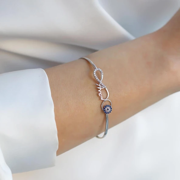 Sonsuzluk Nazar Boncuklu Annem Yazılı Gümüş Kelepçe - Resim 3