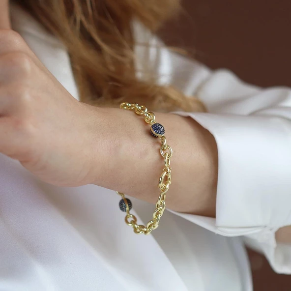 Lacivert Taşlı Gold Kaplama 3 Toplu Gümüş Hallow Bileklik - Resim 5