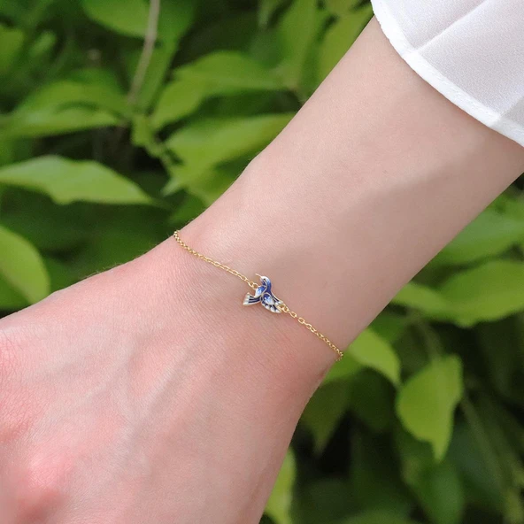 Totem Kuşu Lacivert Mine İşli Gold Kaplama Gümüş Bileklik - Resim 3