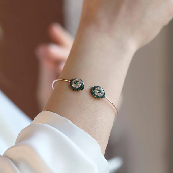 2'li Nazar Yeşil Taşlı Rose Gold Kaplama Gümüş Kelepçe - Resim 4