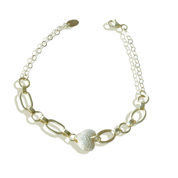 Zirkon Taşlı Kalp Gold Kaplama Gümüş Hallow Bileklik - Resim 2