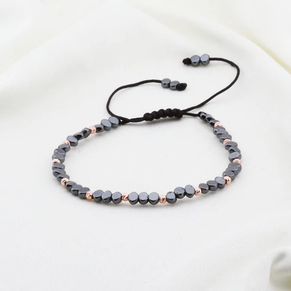 Hematit Taşlı Rose Kaplama Gümüş Makrome Erkek Bilekliği ürün görseli 1