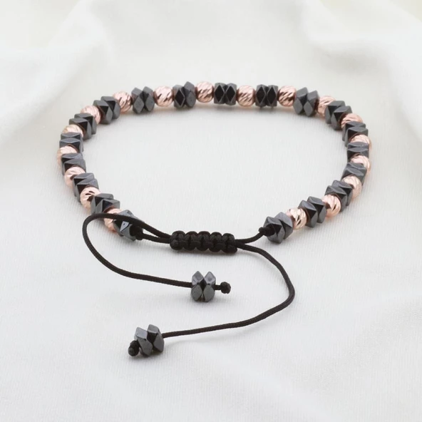 Hematit Taşlı Dörtgen Rose Gold Kaplama Gümüş Makrome Erkek Bilekliği - Resim 2