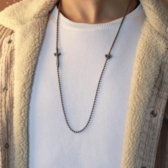 Mühür Ve Kılıç Figürlü Siyah Zirkon Taşlı Erkek Gümüş Kolye - Resim 2