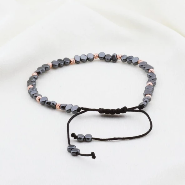 Hematit Taşlı Rose Kaplama Gümüş Makrome Erkek Bilekliği - Resim 2