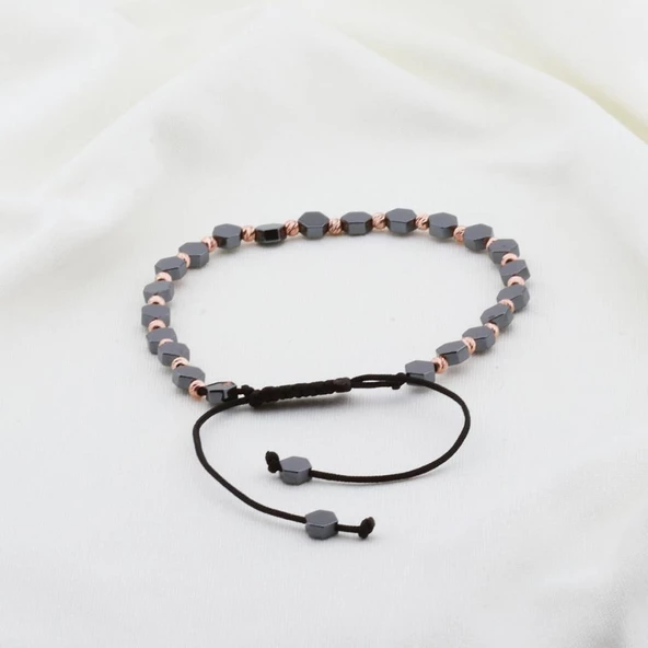 Hematit Taşlı Altıgen Rose Gold Kaplama Gümüş Makrome Erkek Bilekliği - Resim 2