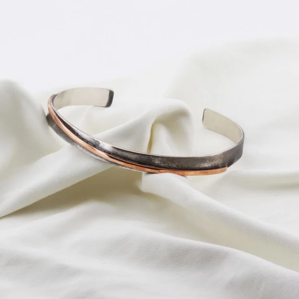 Otantik El İşi Sade Rose Gold Çizgili Kelepçe - Resim 2