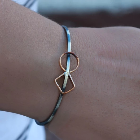 Geometrik Motif Rose Gold Çizgili Otantik Gümüş Kelepçe ürün görseli 1