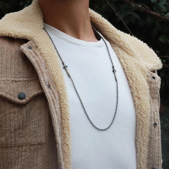 İki Tarafı Kılıç Figürlü Zirkon Taşlı Erkek Gümüş Kolye - Resim 2