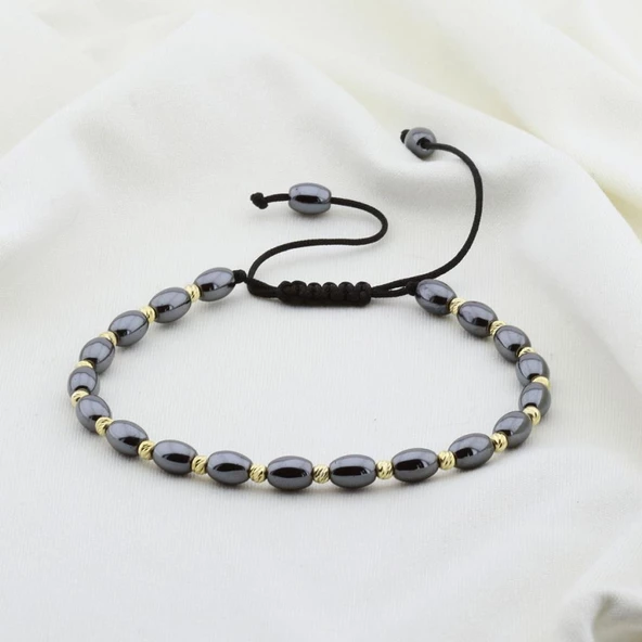 Arpa Kesim Hematit Taşlı Gold Kaplama Gümüş Makrome Erkek Bilekliği ürün görseli 1