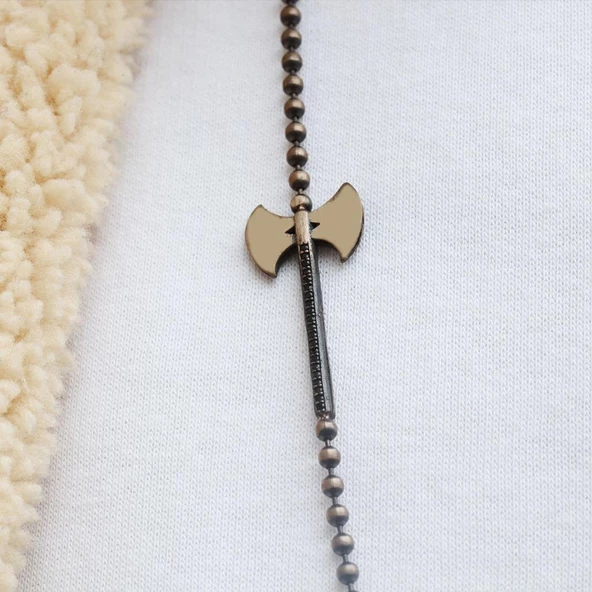 Balta Ve Mühür Figürlü Siyah Zirkon Taşlı Gümüş Erkek Kolye - Resim 2