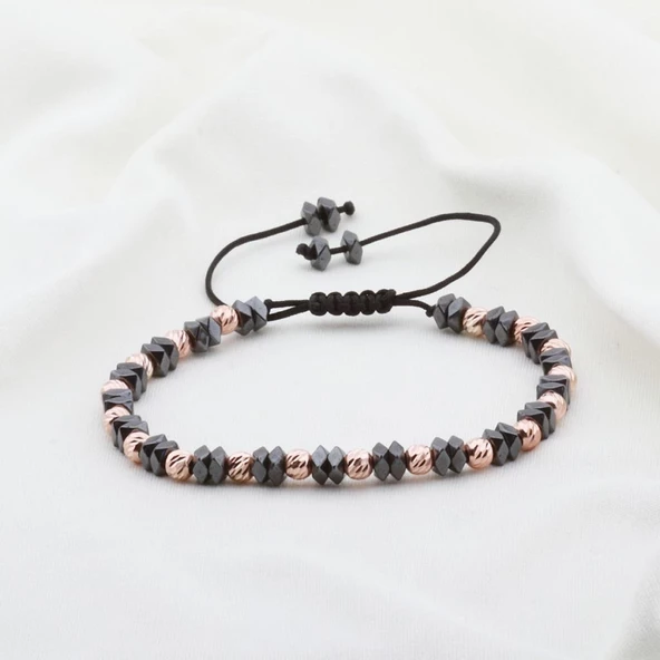 Hematit Taşlı Dörtgen Rose Gold Kaplama Gümüş Makrome Erkek Bilekliği ürün görseli 1