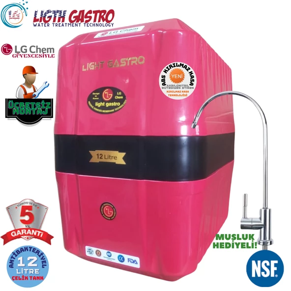 LİGHT GASTRO KIRMIZI SİYAH MONTAJ DAHİL 12 LİTRE 7 FİLTRE 14 AŞAMA SU ARITMA CİHAZI