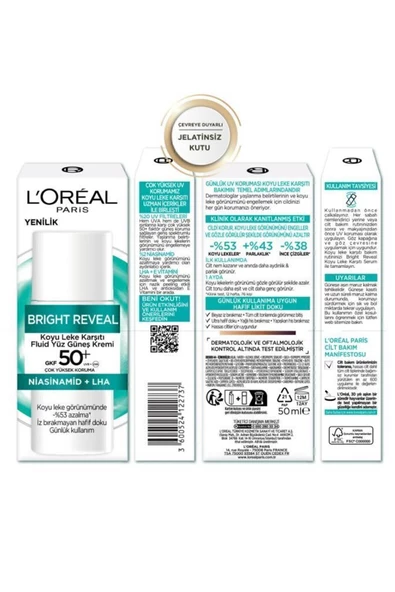 L'Oreal Paris Bright Reveal Spf 50+ Koyu Leke Karşıtı Fluid Günlük Yüz Güneş Kremi 50ml Yüksek Koruma