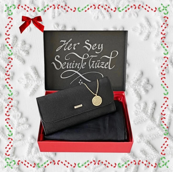 Hediye Seti Kadın Siyah Penye Şal Kolye Cüzdan (Kapak Notumuz Örnektir.)