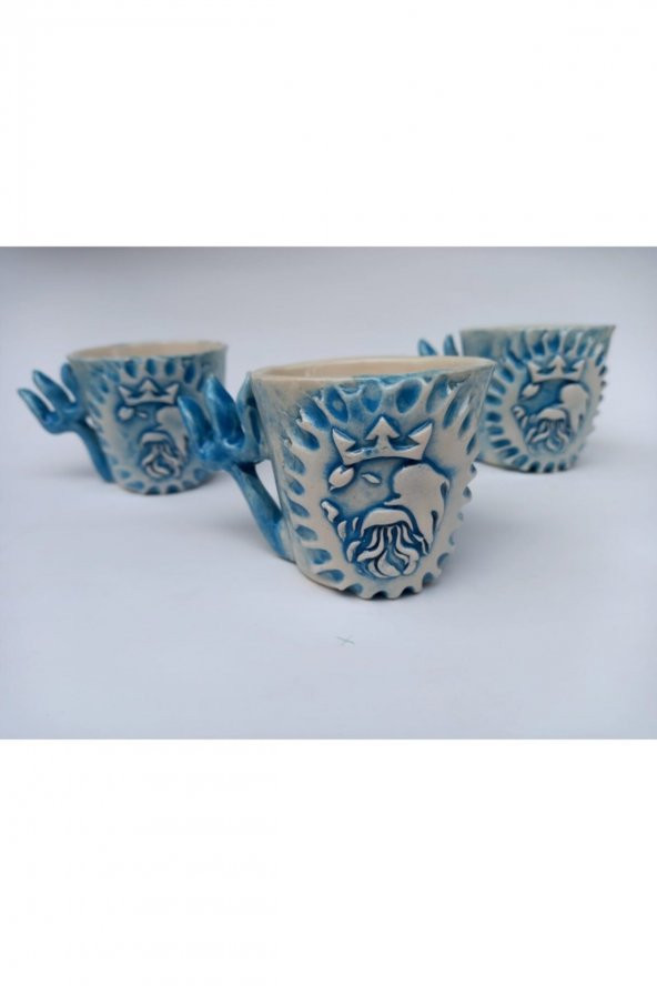 Poseidon serisi Türk kahvesi fincani seramik el yapımı tane mavi