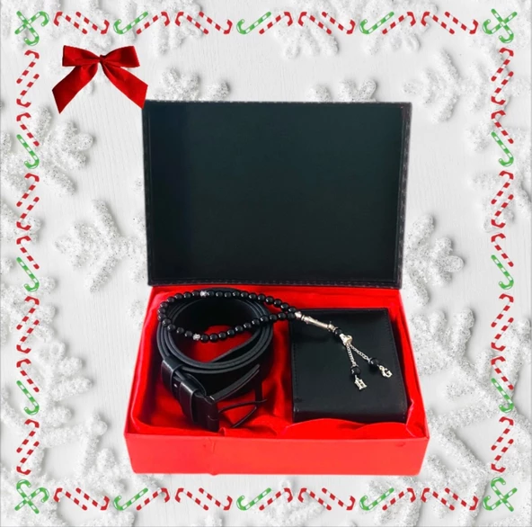 Erkek Hediye Set Siyah Cüzdan- Kemer -Kişiye Özel Harfli Tesbih