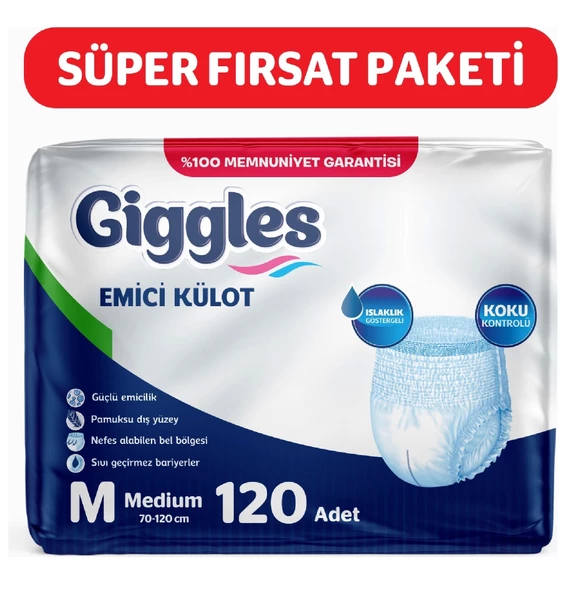 Giggles Yetişkin Emici Külot Bez Orta Boy (Medium) 30'lu 4 Paket (120 Adet) Bel Boy 70-120 cm