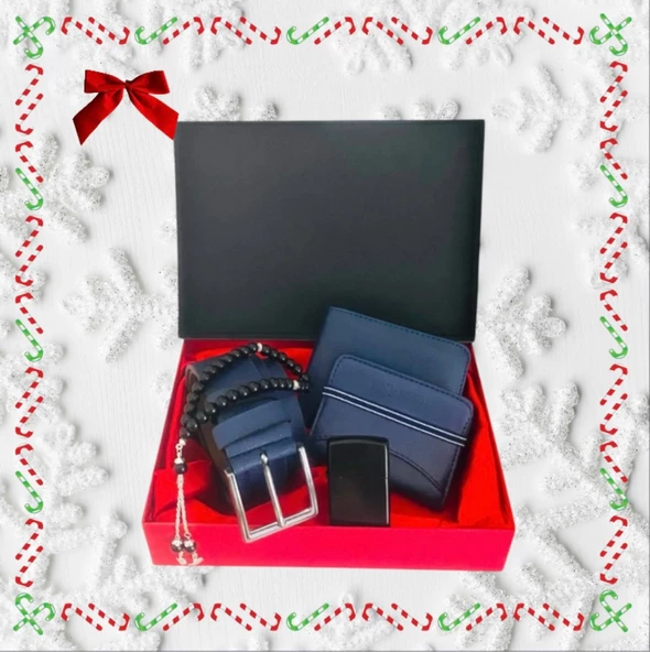 Erkek Hediye Seti  Siyah Deri Kemer Cüzdan Kredi Kartlık Tesbih Çakmak