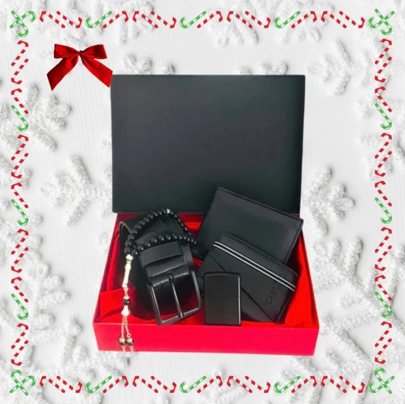 Hediye Seti Erkek Siyah Kemer Cüzdan Kredi Kartlık Tesbih Çakmak