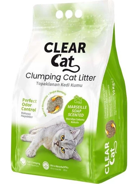 Clear Cat Marsilya Kokulu İnce Taneli Topaklaşan Kedi Kumu 10 Lt x 2 Adet