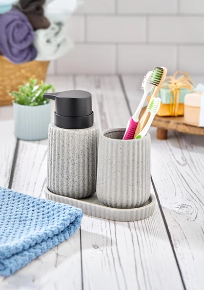Stantlı Banyo Sıvı Sabunluk Seti - 2li Banyo Sıvı Sabunluk Takımı - Diş Fırçalık, Sıvı Sabunluk - 2x250 ML