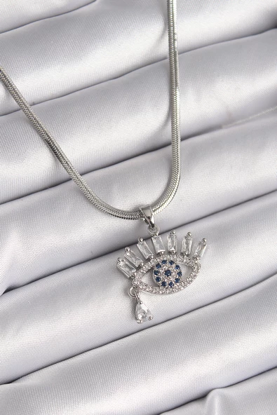 Gümüş Renk İtalyan Zincir Zirkon Taşlı Göz Model Kadın Kolye - EBJ241214W29952 ürün görseli