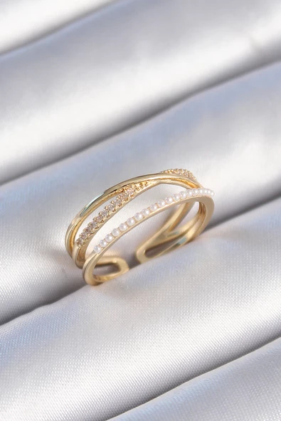 Gold Renk Sıralı Zirkon Taş İnci Detay Çift Sıra Kadın Yüzük - EBJ241214W29763 ürün görseli