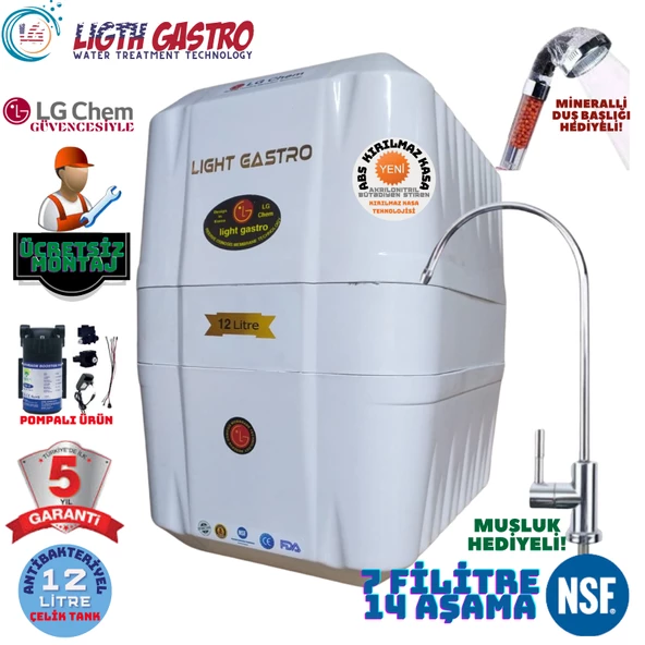 LİGHT GASTRO BEYAZ POMPALI MONTAJ DAHİL 12 LİTRE 7 FİLTRE 14 AŞAMA SU ARITMA CİHAZI
