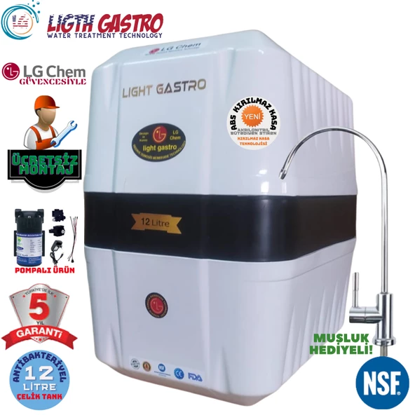 LİGHT GASTRO BEYAZ SİYAH POMPALI MONTAJ DAHİL 12 LİTRE 7 FİLTRE 14 AŞAMA SU ARITMA CİHAZI