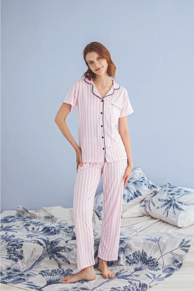 Lila Düğmeli Viskon Pijama Takımı - 2