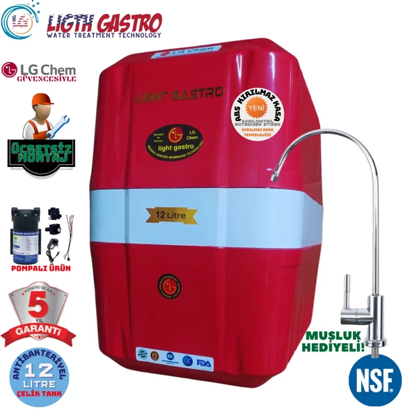 LİGHT GASTRO KIRMIZI BEYAZ POMPALI MONTAJ DAHİL 12 LİTRE 7 FİLTRE 14 AŞAMA SU ARITMA CİHAZI