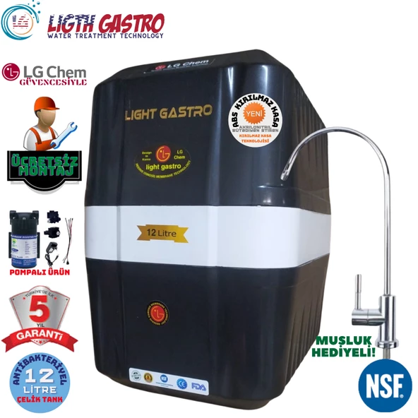 LİGHT GASTRO SİYAH BEYAZ POMPALI MONTAJ DAHİL 12 LİTRE 7 FİLTRE 14 AŞAMA SU ARITMA CİHAZI