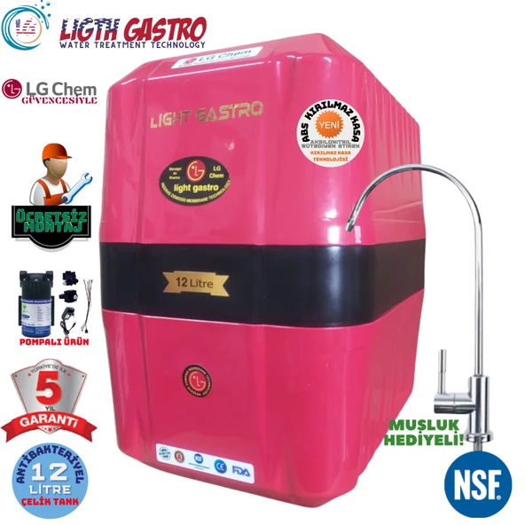 LİGHT GASTRO KIRMIZI SİYAH POMPALI MONTAJ DAHİL 12 LİTRE 7 FİLTRE 14 AŞAMA SU ARITMA CİHAZI ürün görseli