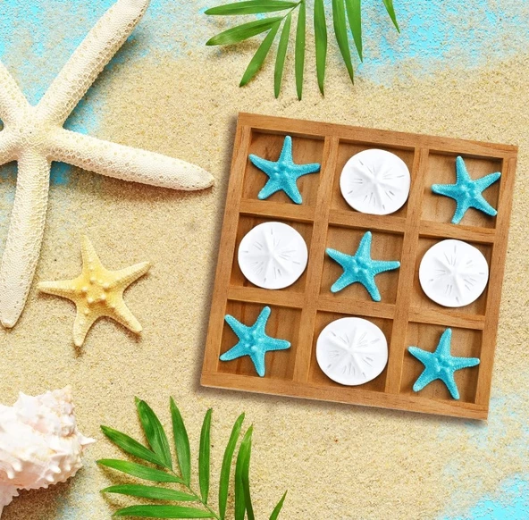 Deniz Yıldızı Desenli Ahşap Tic Tac Toe Oyunu - 4