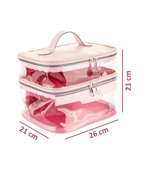 Şeffaf Çift Katlı Fırça Bölmeli Seyahat Makyaj Organizeri Kozmetik Çantası - MKJ-360 Açık Pembe - 7