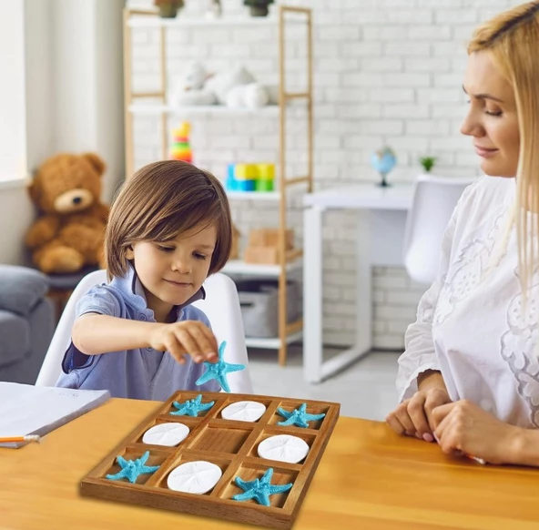 Deniz Yıldızı Desenli Ahşap Tic Tac Toe Oyunu - 6
