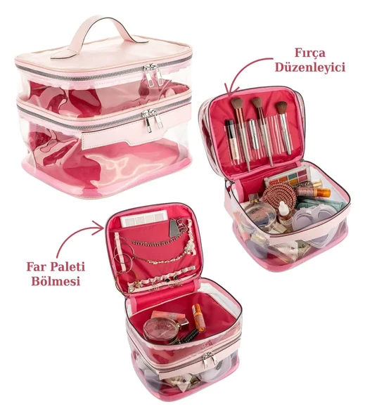 Şeffaf Çift Katlı Fırça Bölmeli Seyahat Makyaj Organizeri Kozmetik Çantası - MKJ-360 Açık Pembe - 8