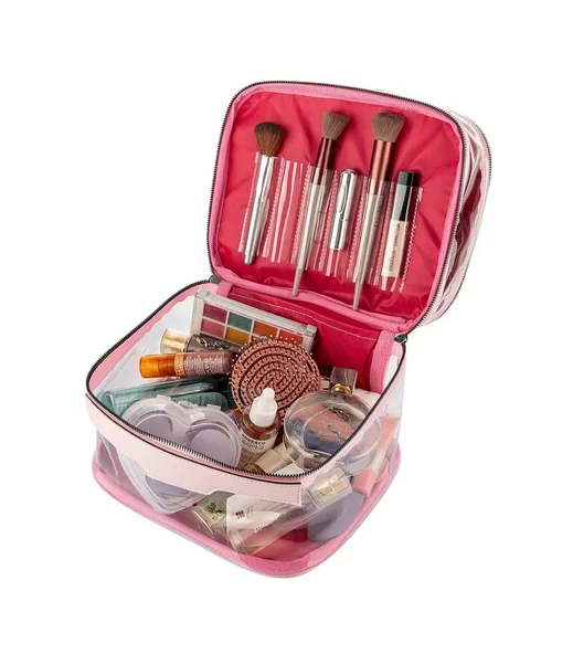 Şeffaf Çift Katlı Fırça Bölmeli Seyahat Makyaj Organizeri Kozmetik Çantası - MKJ-360 Açık Pembe - 10