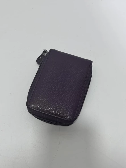 Unisex Fermuarlı Deri Kartlık Cüzdan 11 Bölmeli Mor - 4