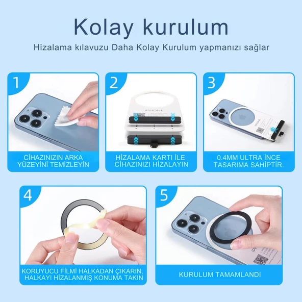 Coofbe Tüm Telefonlara Uyumlu 0.4mm Ultra İnce Yapışkanlı Mgsafe Uyumlu Mıknatıslı Metal Halka - Resim 5