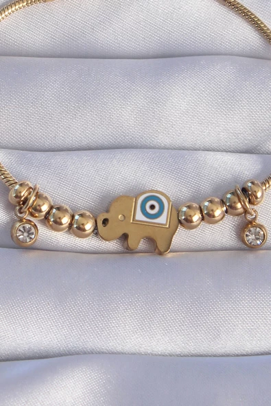 316L Çelik Gold Renk Zirkon Taşlı Nazarlı Fil Tasarımlı Bileklik - TJ-BB6202 - Resim 2