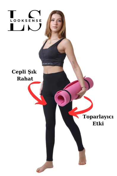 Looksense Kadın Siyah Yüksek Bel Çift Cepli Toparlayıcı Fitness Spor Tayt 1005